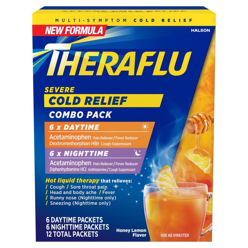 Theraflu Honey Lemon Flavor Severe Cold Relief Combo Pack, 12 count