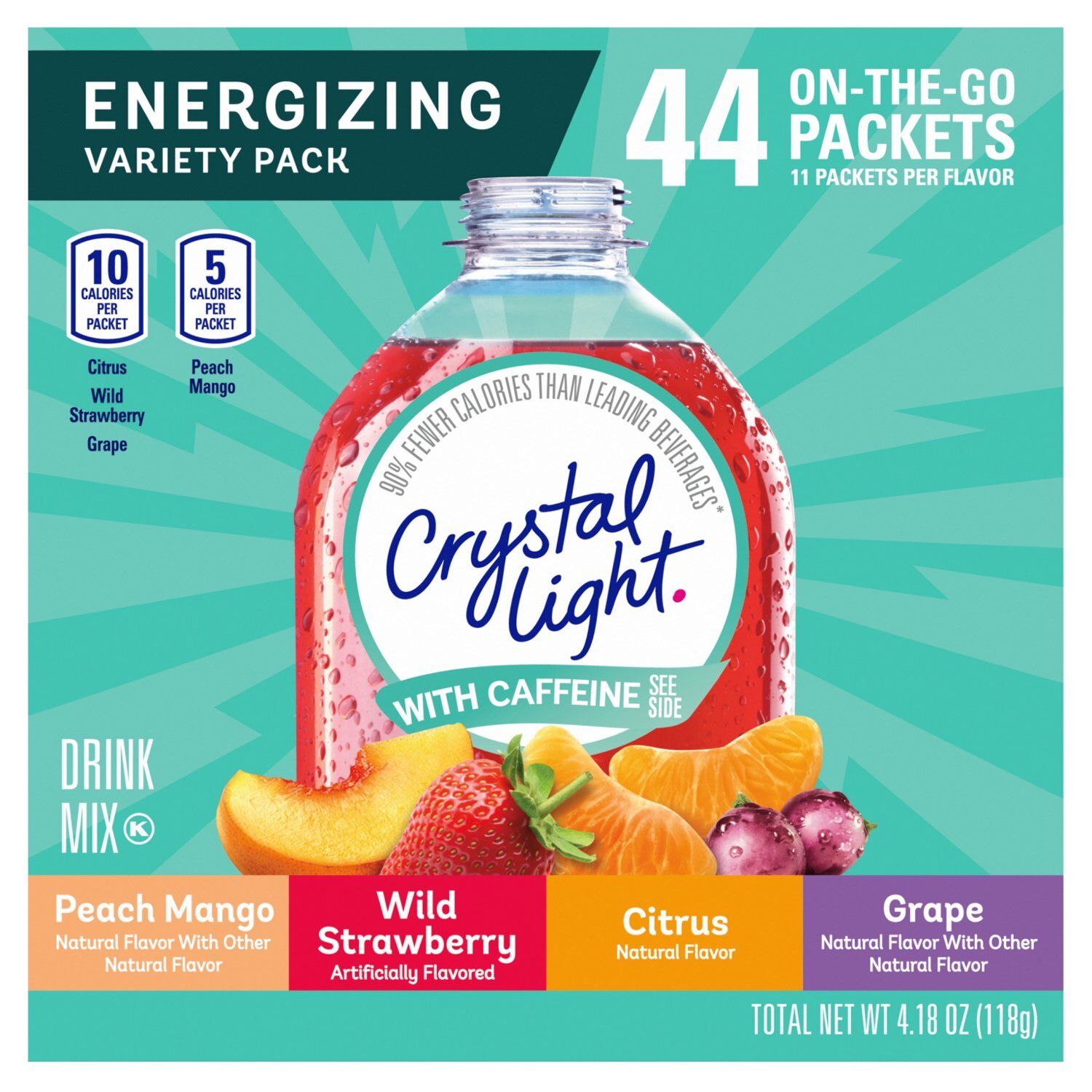 Crystal Light Energizing with Caffeine Drink Mix Variety Pack, 44 count, 4.18 oz