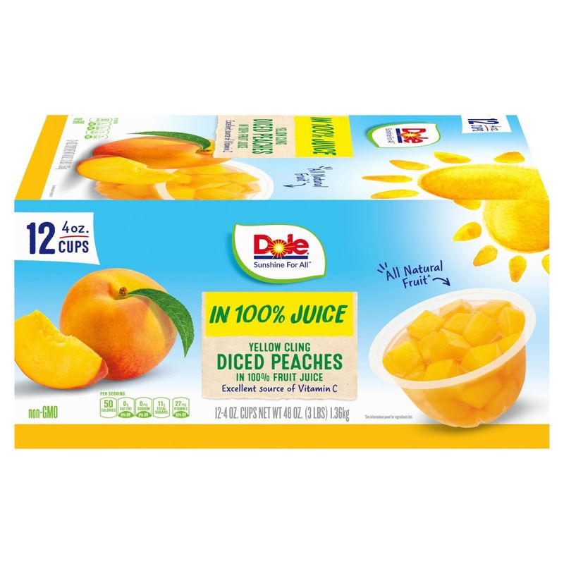 Dole Yellow Cling Diced Peaches in 100% Fruit Juice, 4 oz, 12 count