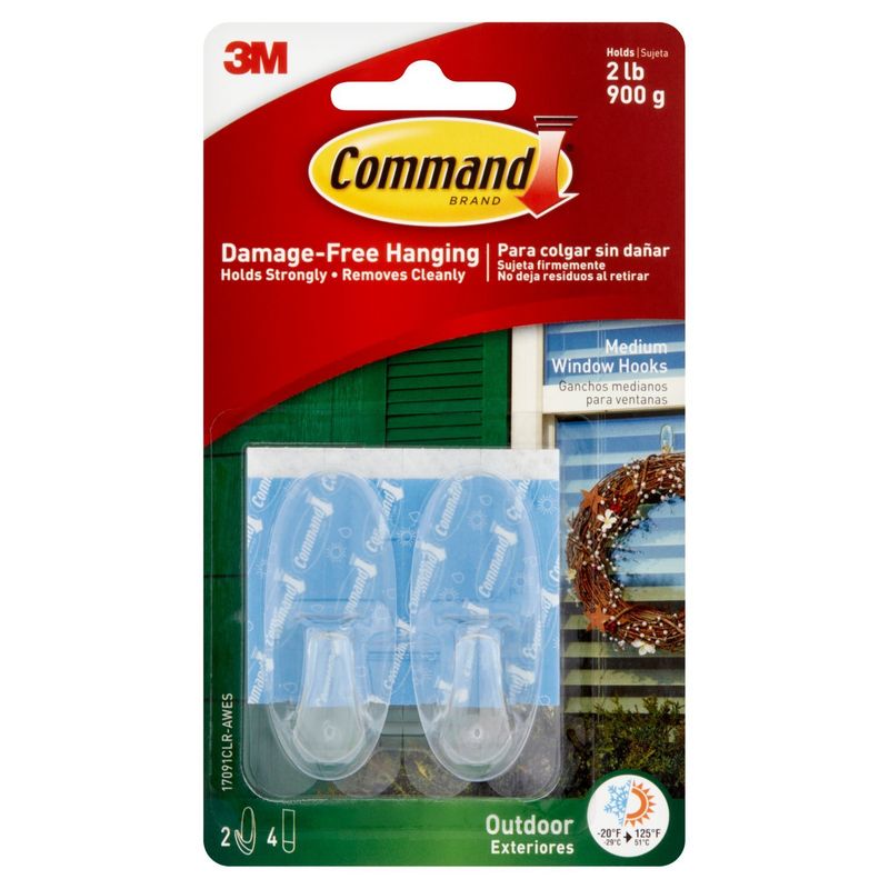 Command™ Outdoor Medium Clear Window Hooks, 2 Hooks, 4 Strips/Pack