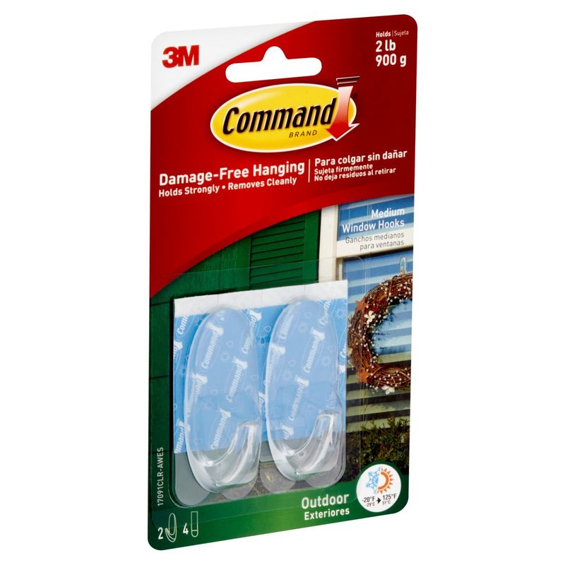 Command™ Outdoor Medium Clear Window Hooks, 2 Hooks, 4 Strips/Pack