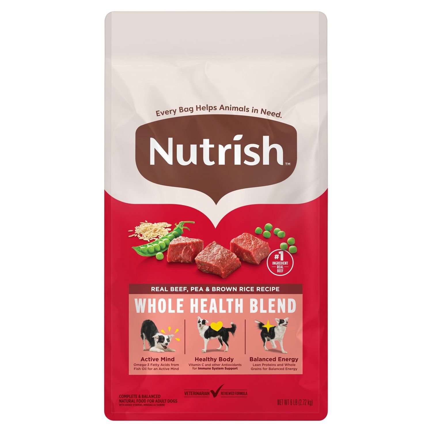 Nutrish Real Beef, Pea &amp; Brown Rice Recipe Complete &amp; Balanced Natural Food for Adult Dogs, 6 lb