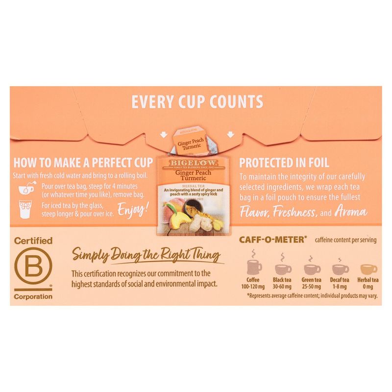 Bigelow Ginger Peach Turmeric Herbal Tea Bags, 18 count, .98 oz