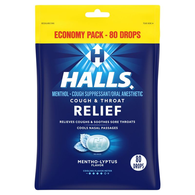 Halls Mentho-Lyptus Flavor Cough &amp; Throat Relief Drops Economy Pack, 80 count