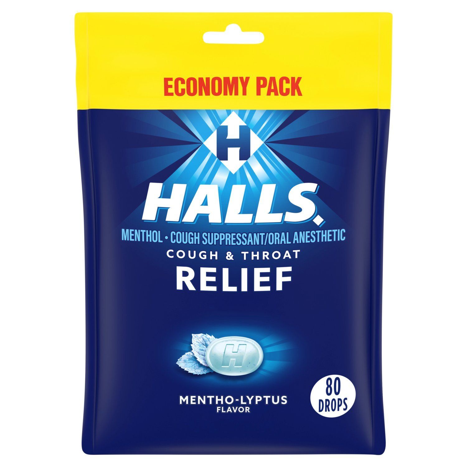 Halls Mentho-Lyptus Flavor Cough &amp; Throat Relief Drops Economy Pack, 80 count