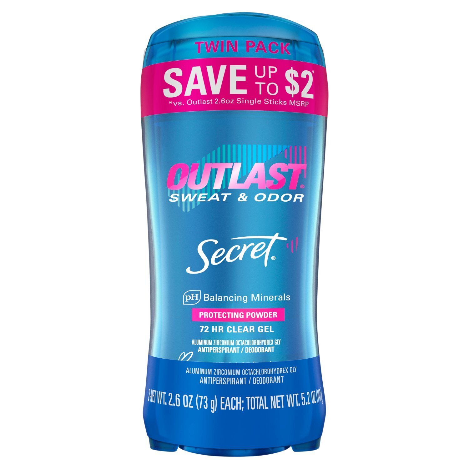 Secret Outlast Sweat &amp; Odor Clear Gel Antiperspirant / Deodorant Twin Pack, 2.6 oz, 2 count