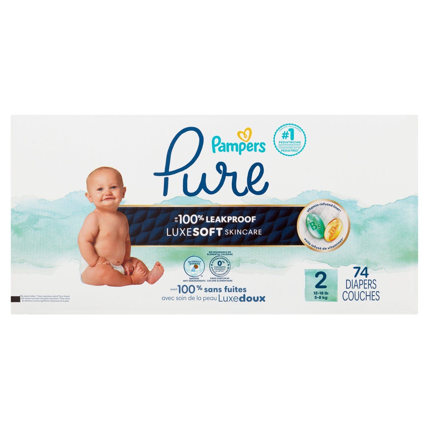 Pampers Pure Diapers, Size 2, 12-18 lb, 74 count