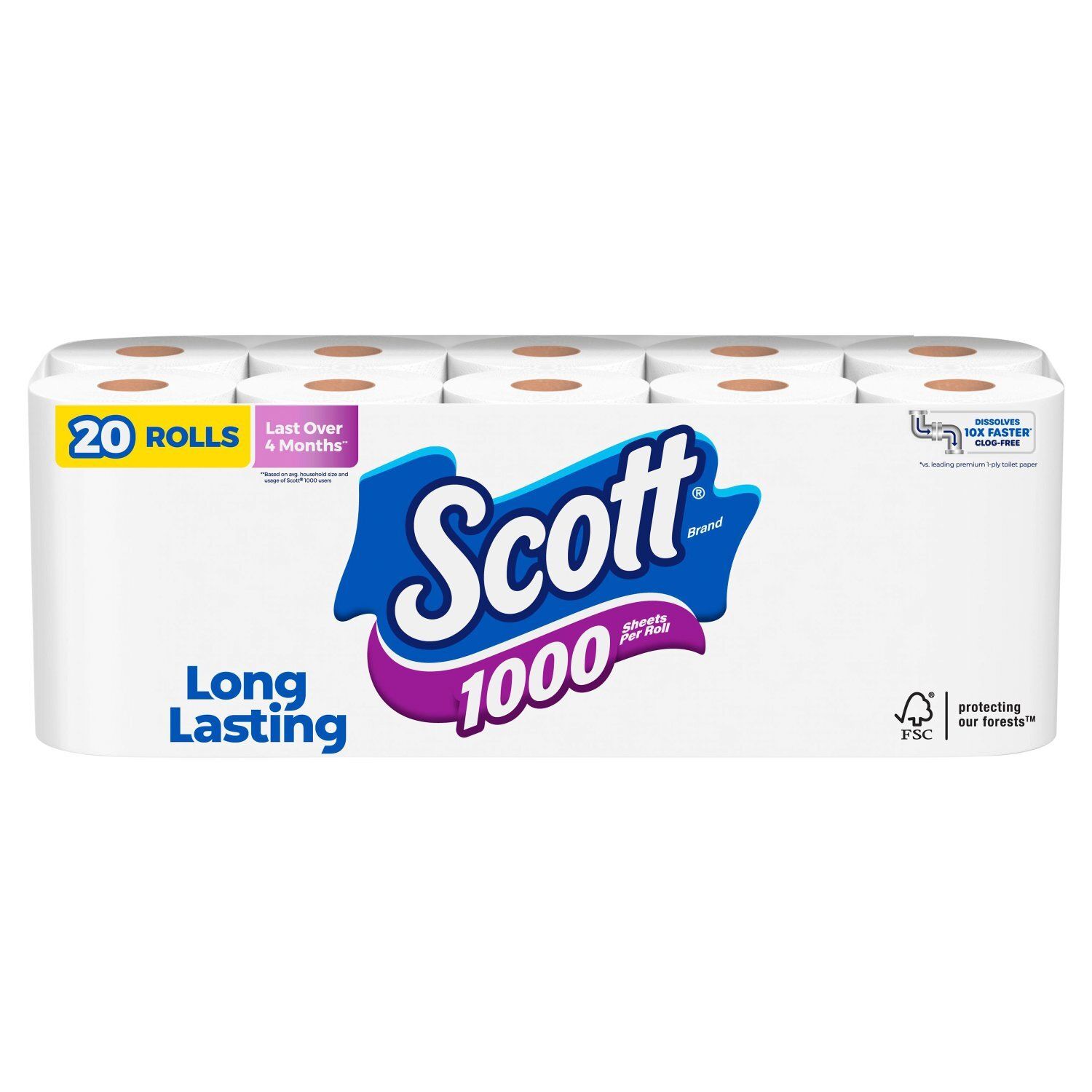 Scott 1000 Long Lasting Unscented Bathroom Tissue, one-ply, 20 count