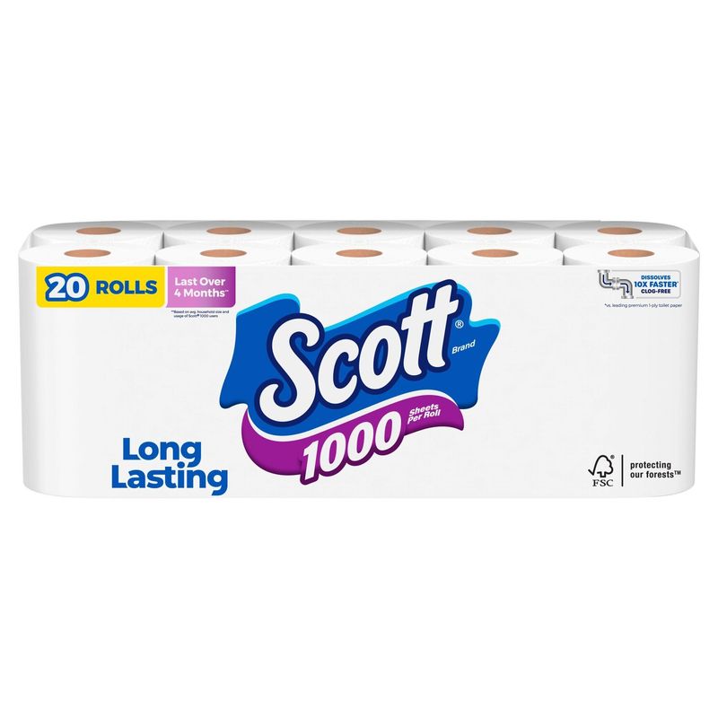 Scott 1000 Long Lasting Unscented Bathroom Tissue, one-ply, 20 count