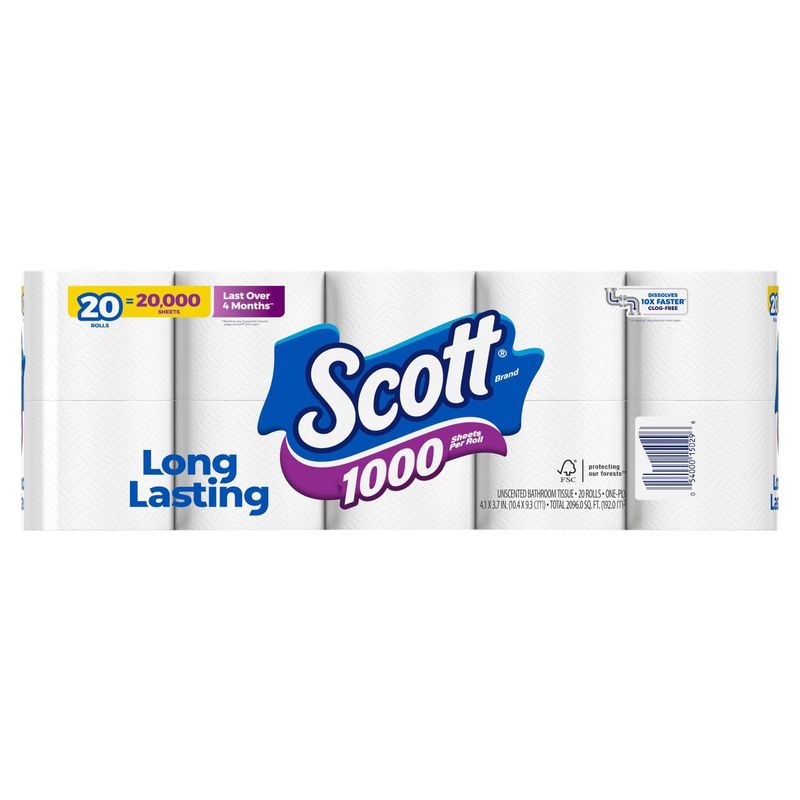 Scott 1000 Long Lasting Unscented Bathroom Tissue, one-ply, 20 count