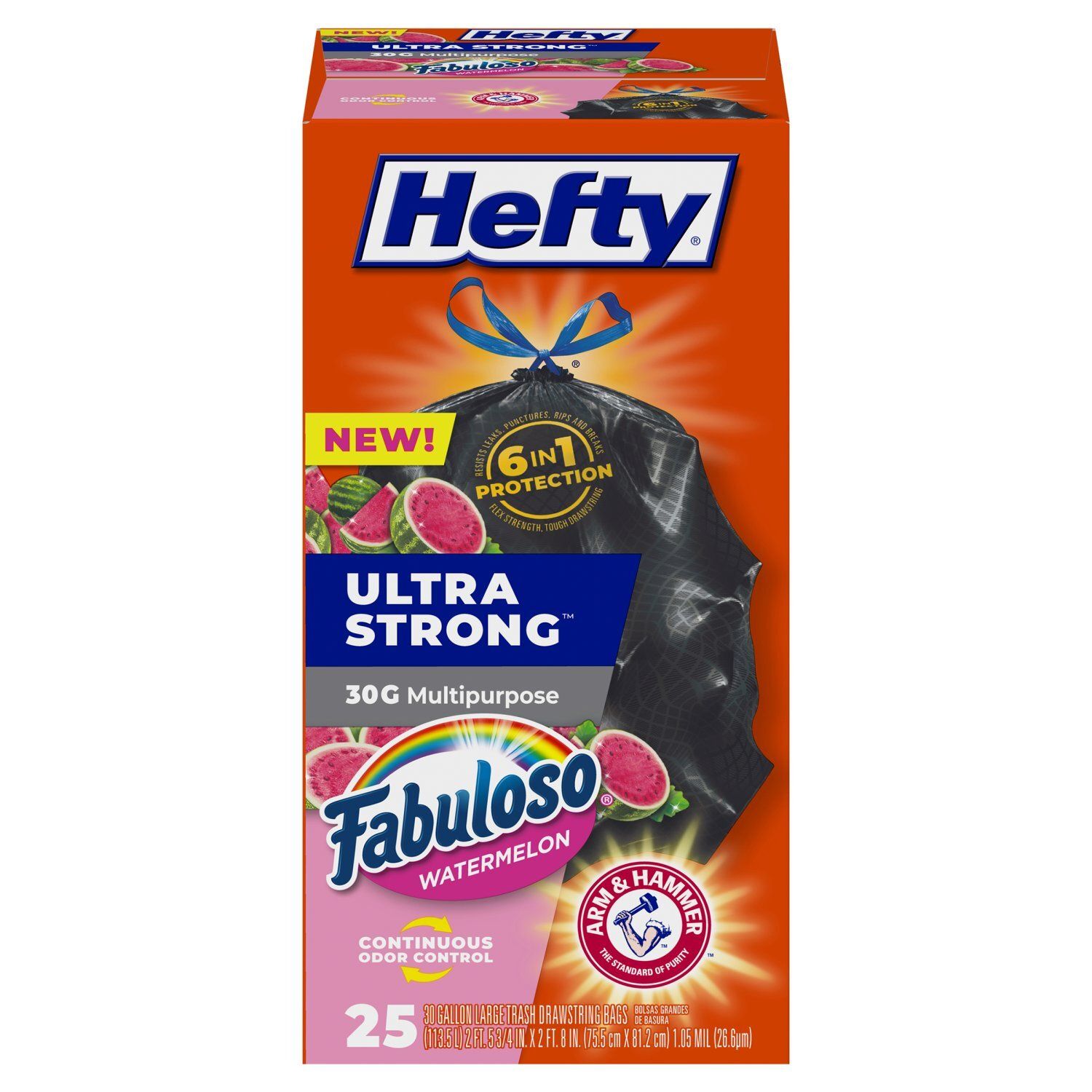 Hefty Ultra Strong Fabuloso Watermelon 30 Gallon Large Trash Drawstring Bags, 25 count