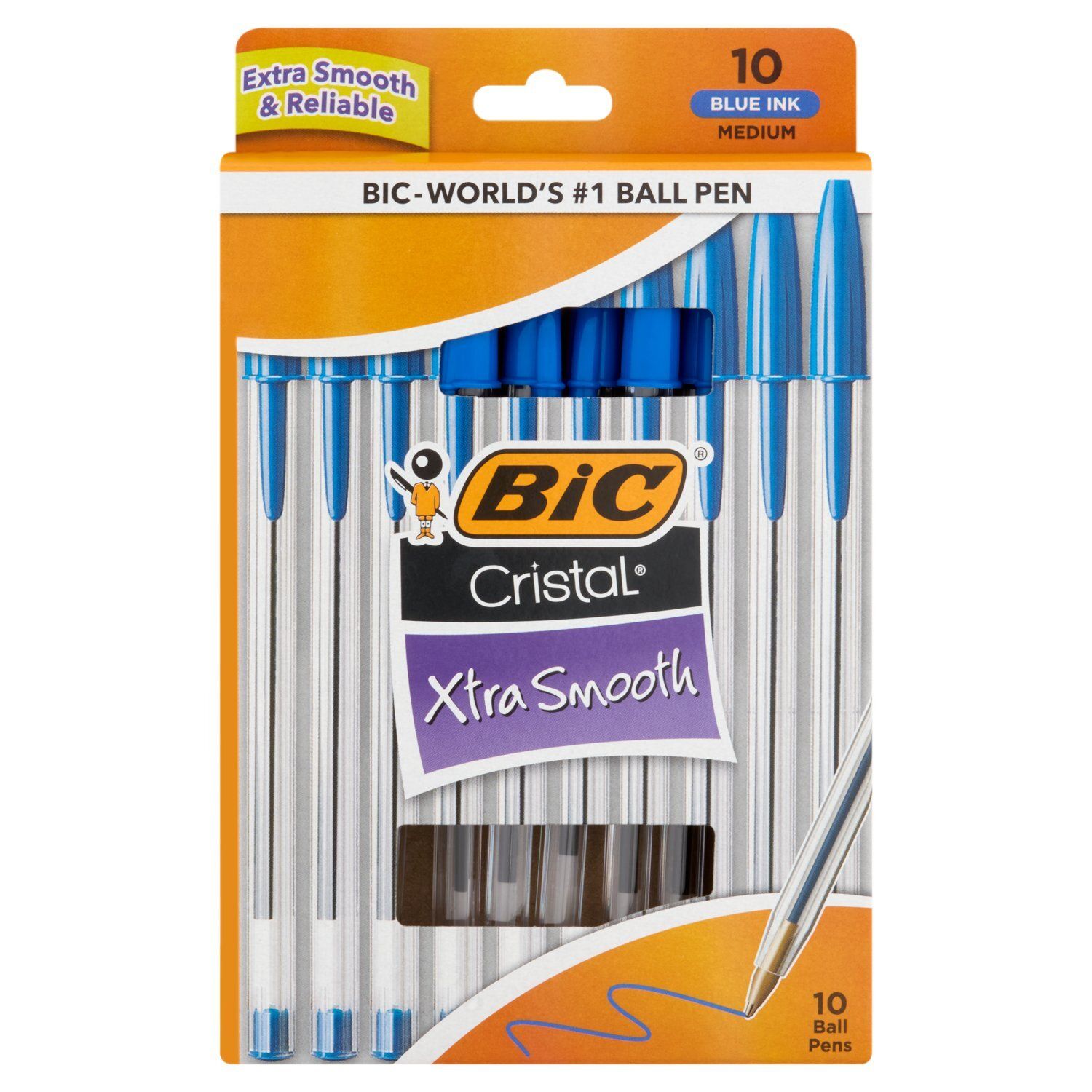 Bic Cristal Xtra Smooth Blue Ink Medium Ball Pens, 10 count