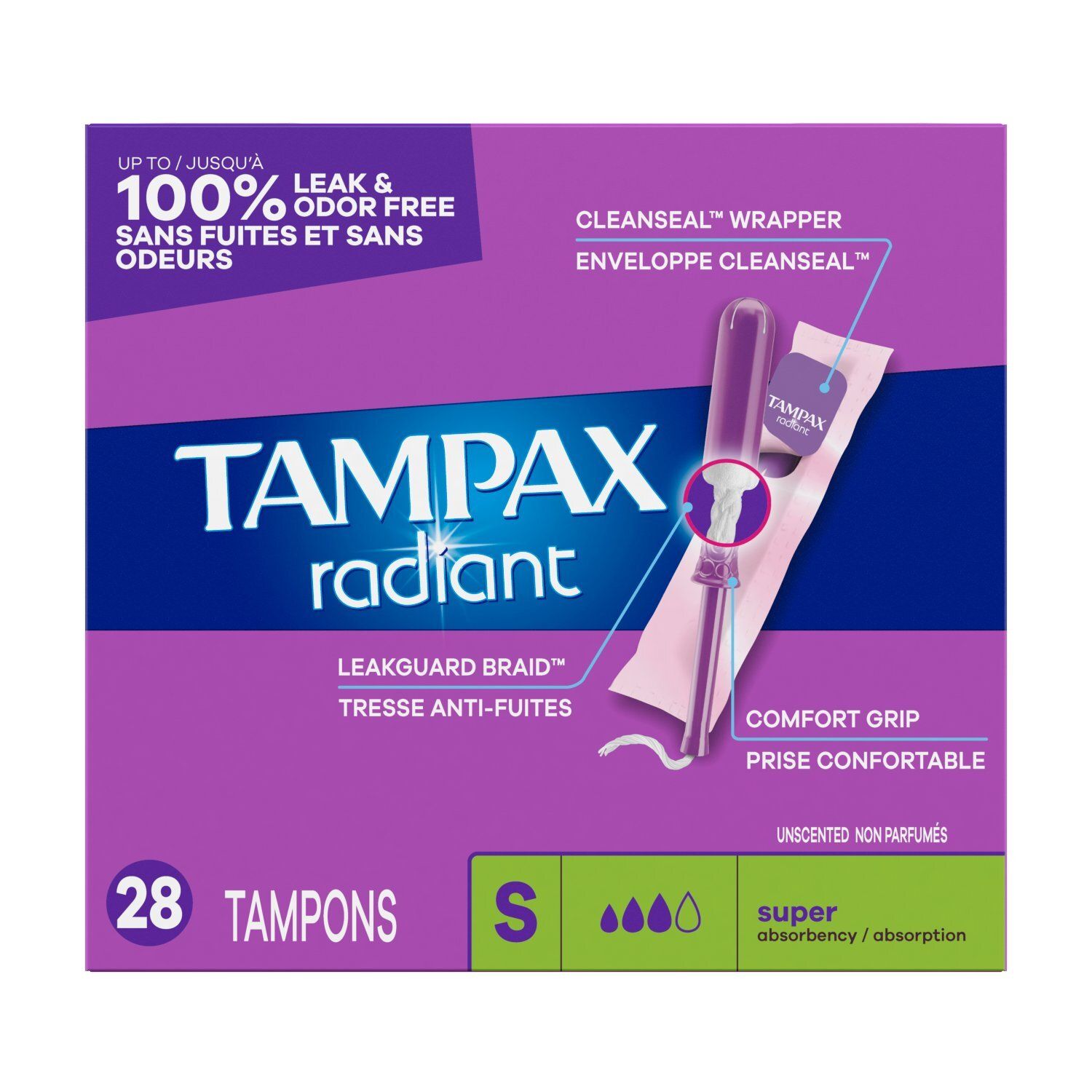 Tampax Radiant Tampons, with LeakGuard Braid, Super Absorbency, Unscented, 28 Count
