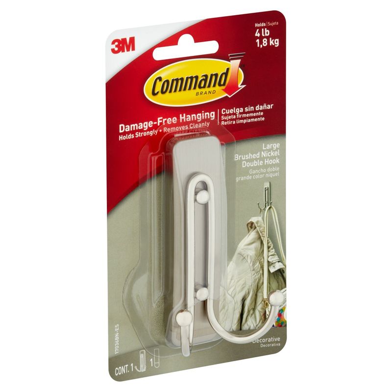 Command™ Large Brushed Nickel Double Hook, 1 Hook, 1 Strip