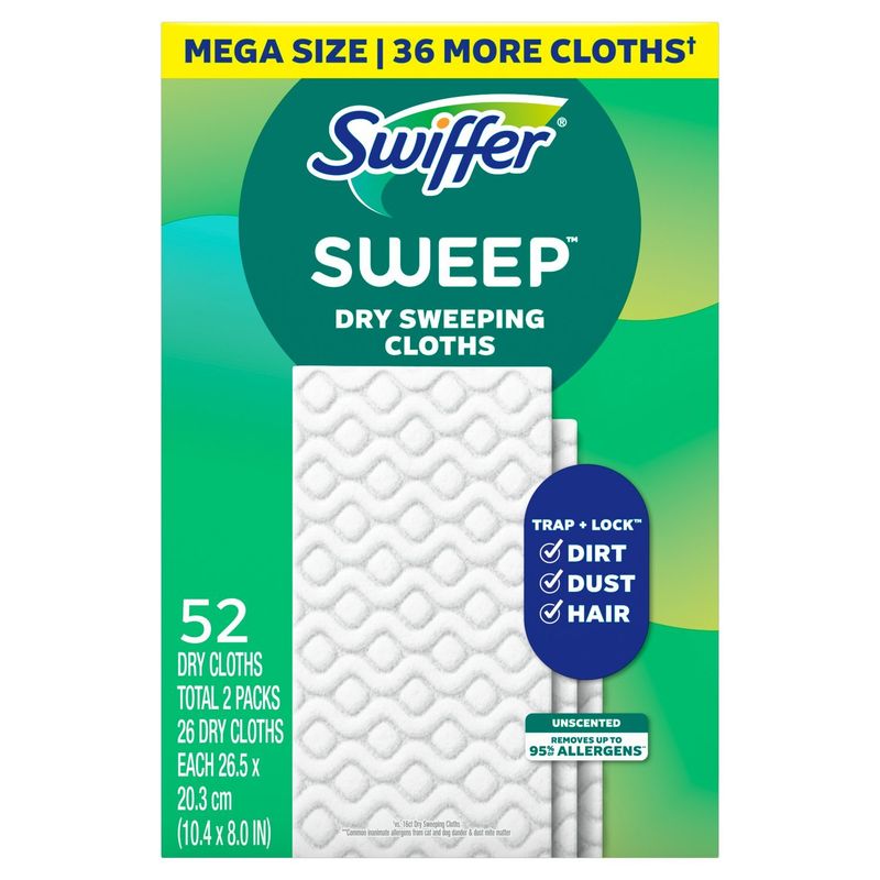 Swiffer Sweep + Mop, Dry Pads Refill, Floor Cleaner, Cleaning Cloths, Unscented, 52ct