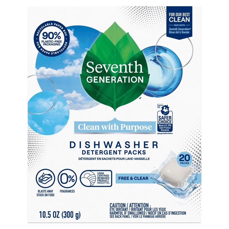 Seventh Generation Free &amp; Clear Dishwasher Detergent Packs, 20 count, 10.5 oz