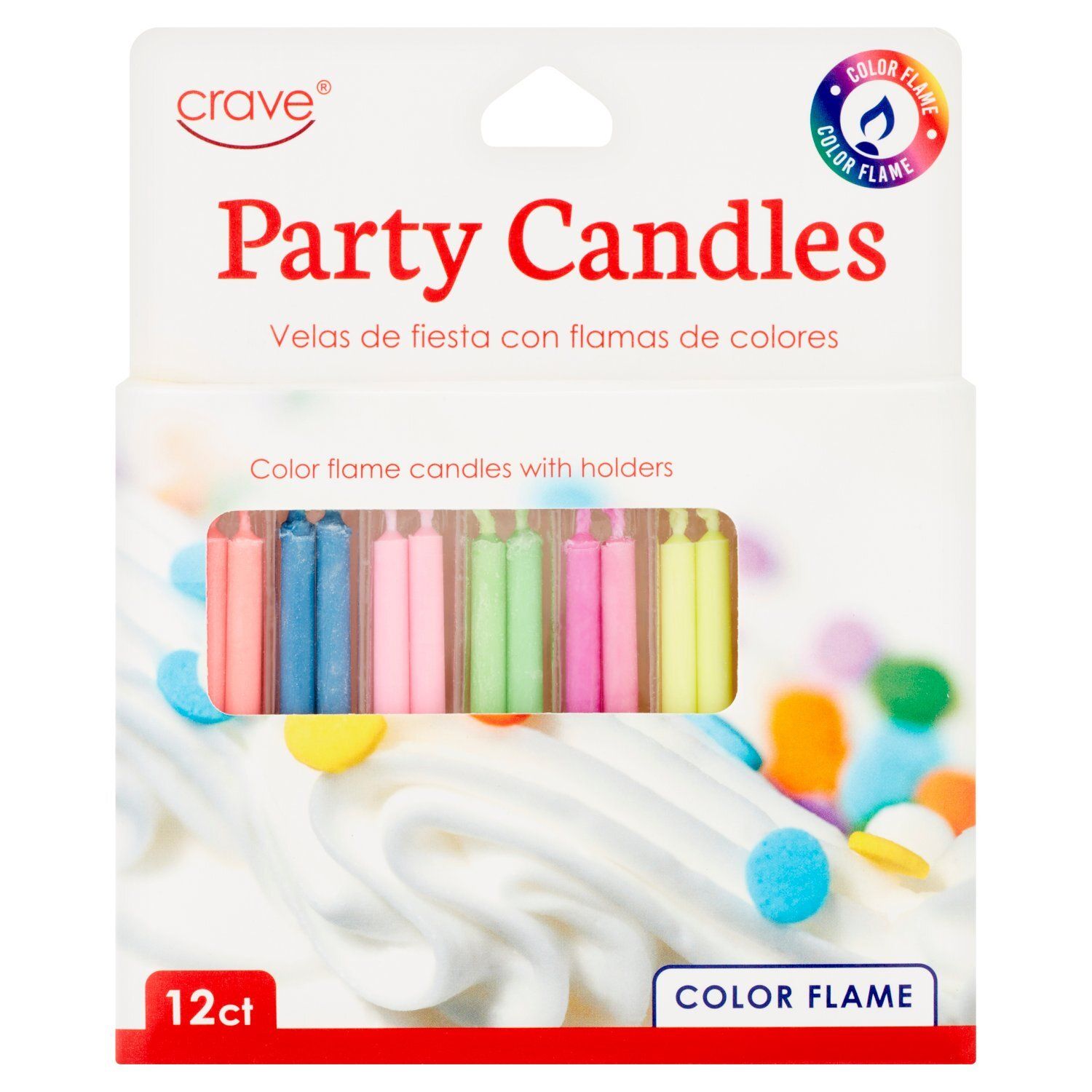 Crave Color Flame Party Candles with Holders, 12 count