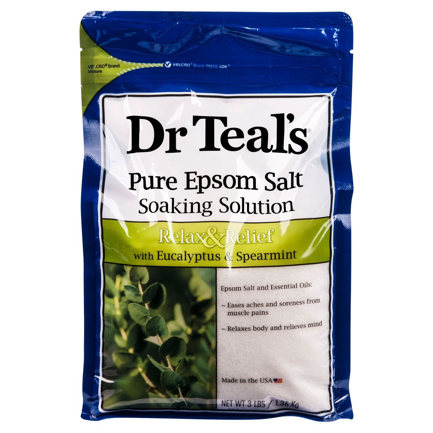 Dr Teal's Pure Epsom Salt Soaking Solution with Eucalyptus &amp; Spearmint, 3 lbs
