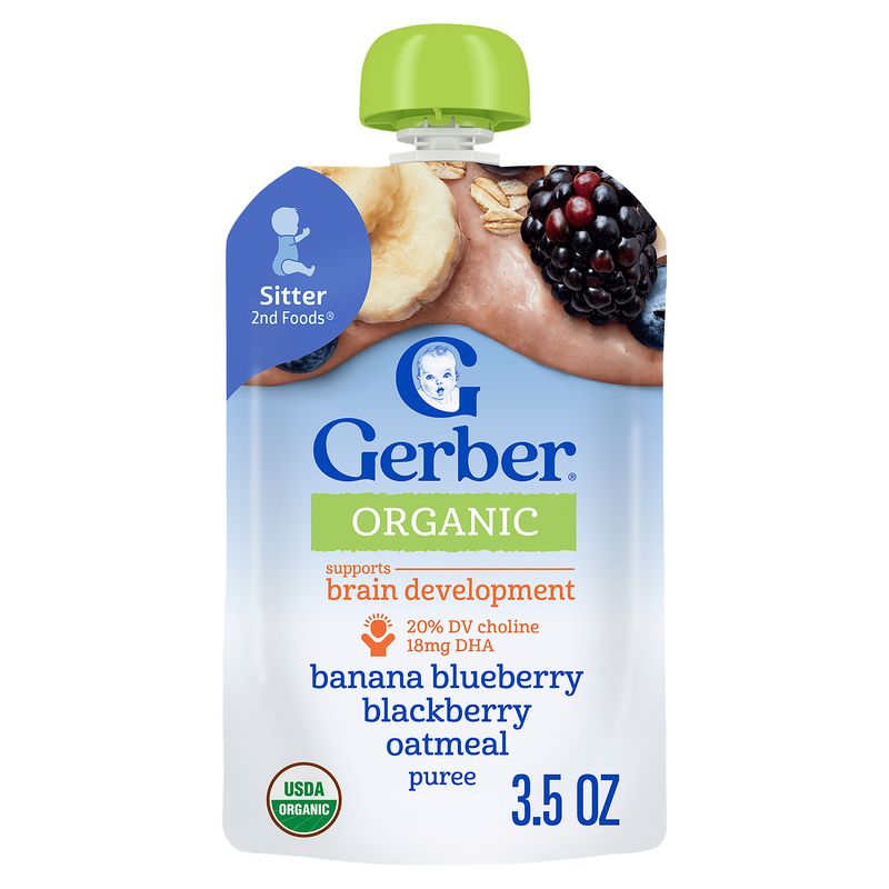 Gerber 2nd Foods Organic Banana Blueberry Blackberry Oatmeal Puree Baby Food, Sitter, 3.5 oz
