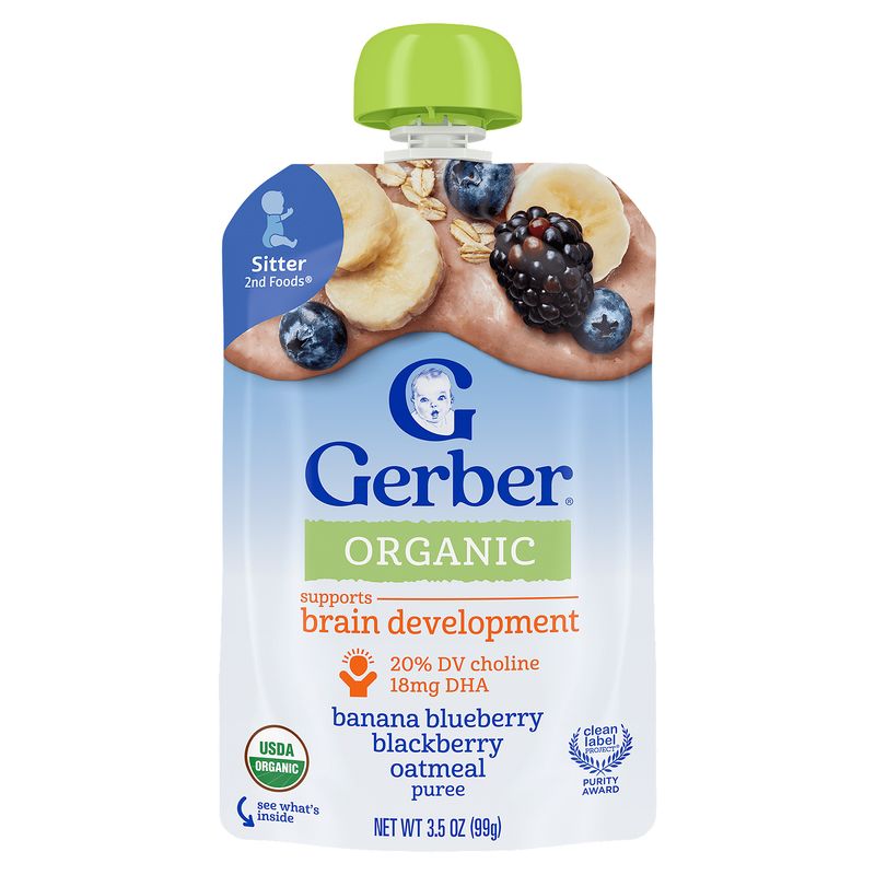 Gerber 2nd Foods Organic Banana Blueberry Blackberry Oatmeal Puree Baby Food, Sitter, 3.5 oz