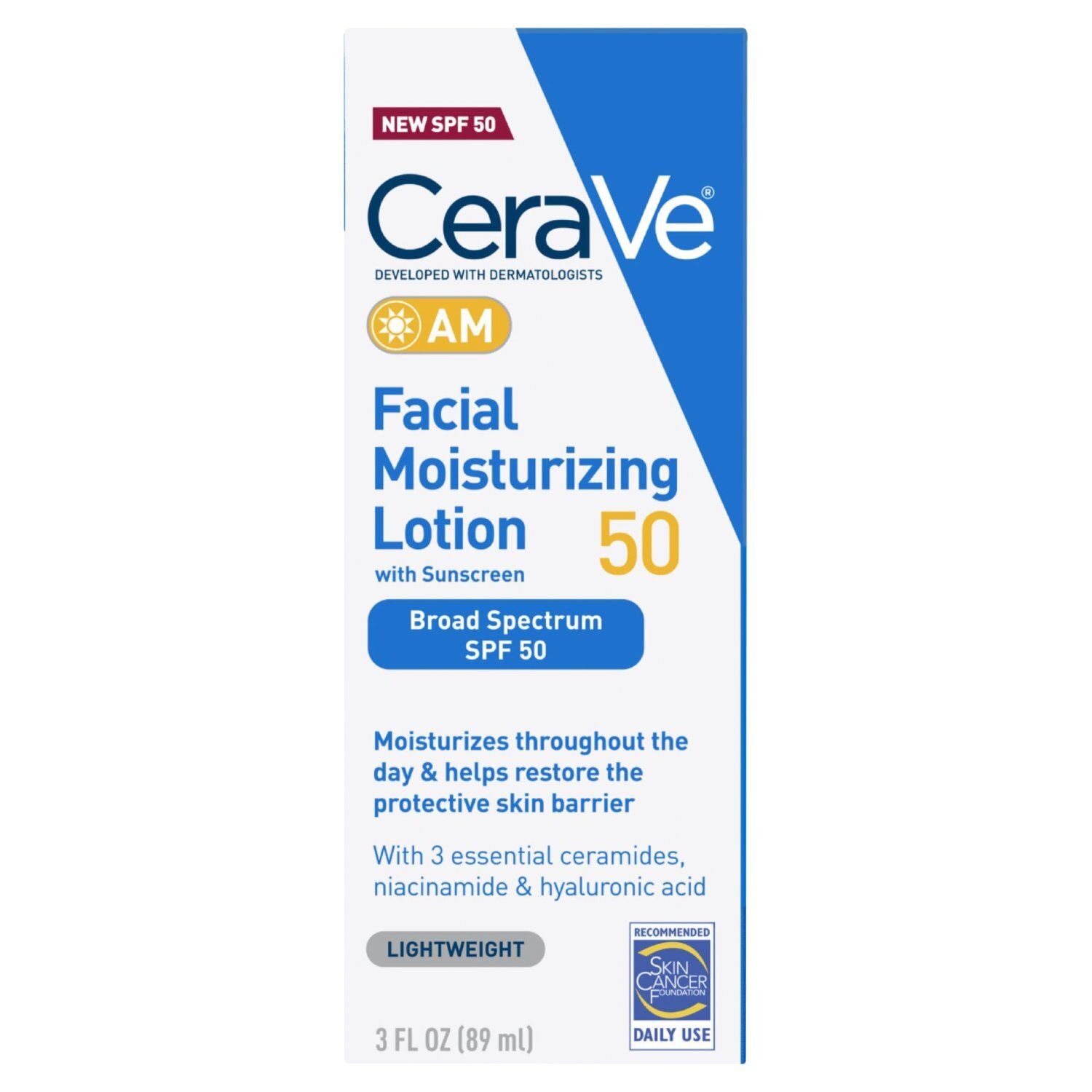 CeraVe AM Broad Spectrum Facial Moisturizing Lotion with Sunscreen, SPF 50, 3 fl oz