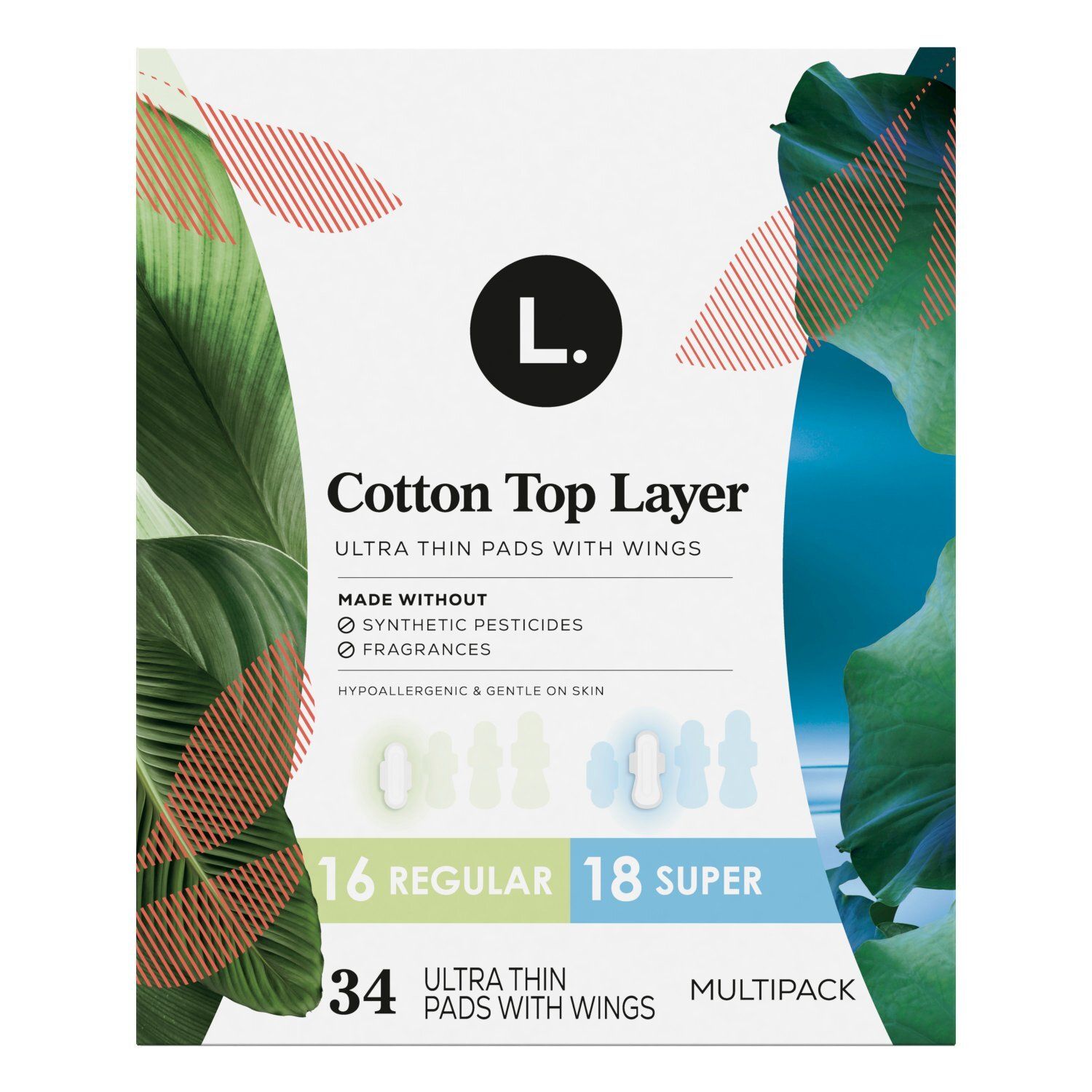 L. Ultra Thin Pads for Women, Organic Cotton Top Layer, Regular + Super Duo Pack Absorbency, Menstr