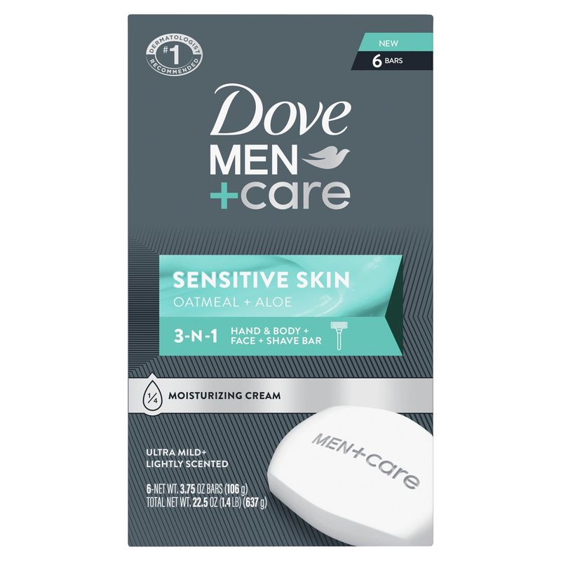 Dove Men+Care Sensitive Skin Oatmeal + Aloe 3-N-1 Hand &amp; Body + Face + Shave Bar, 3.75 oz, 6 count