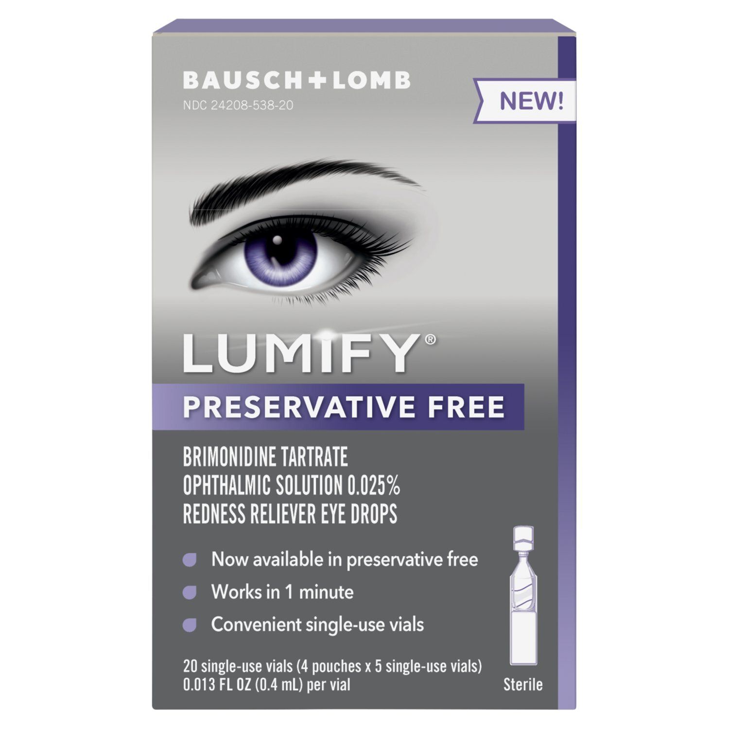 Bausch + Lomb Lumify Redness Reliever Eye Drops, 20 count, 0.013 fl oz