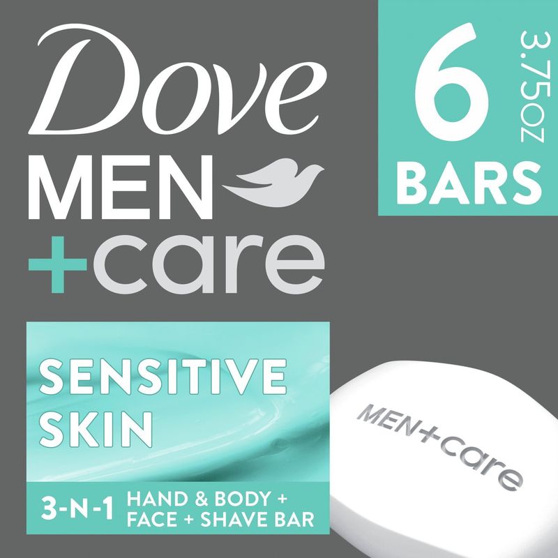 Dove Men+Care Sensitive Skin Oatmeal + Aloe 3-N-1 Hand &amp; Body + Face + Shave Bar, 3.75 oz, 6 count