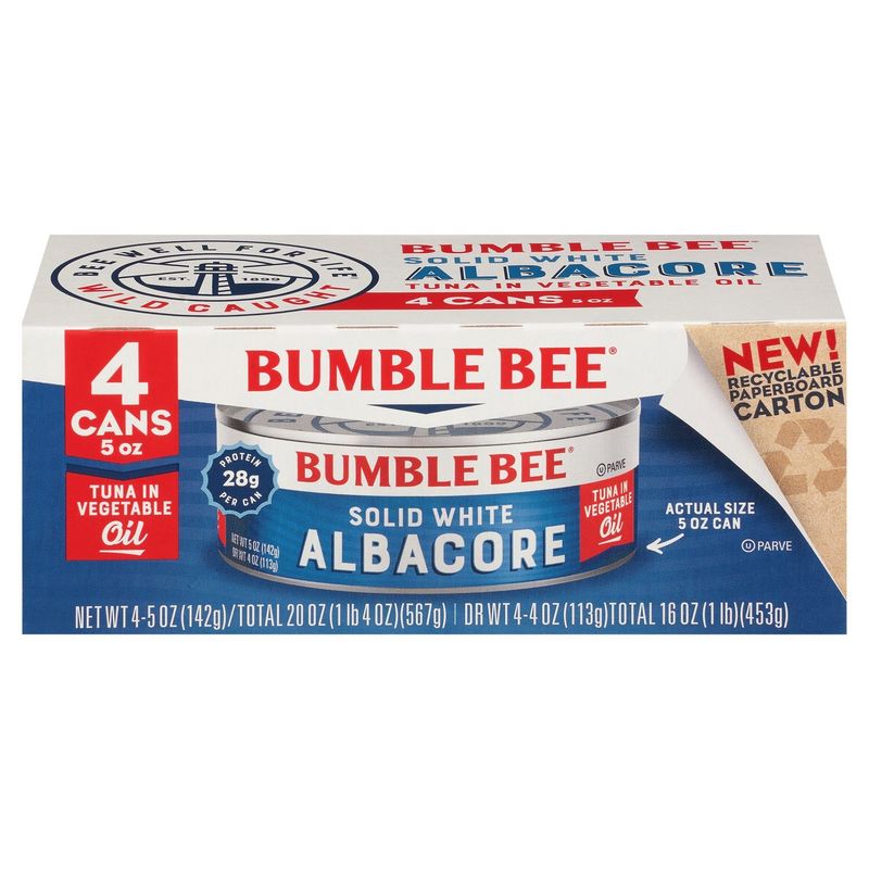 Bumble Bee Solid White Albacore Tuna in Vegetable Oil, 5 oz, 4 count