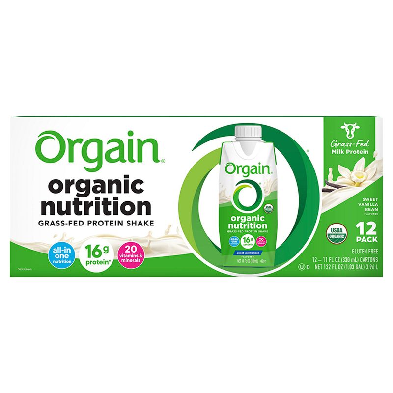 Orgain Sweet Vanilla Bean Flavored Organic Nutrition Grass-Fed Protein Shake, 11 fl oz, 12 count