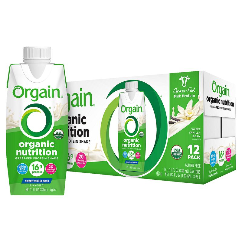 Orgain Sweet Vanilla Bean Flavored Organic Nutrition Grass-Fed Protein Shake, 11 fl oz, 12 count