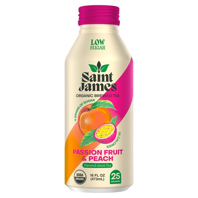 Saint James Passion Fruit &amp; Peach Flavored Organic Brewed Green Tea, 16 fl oz