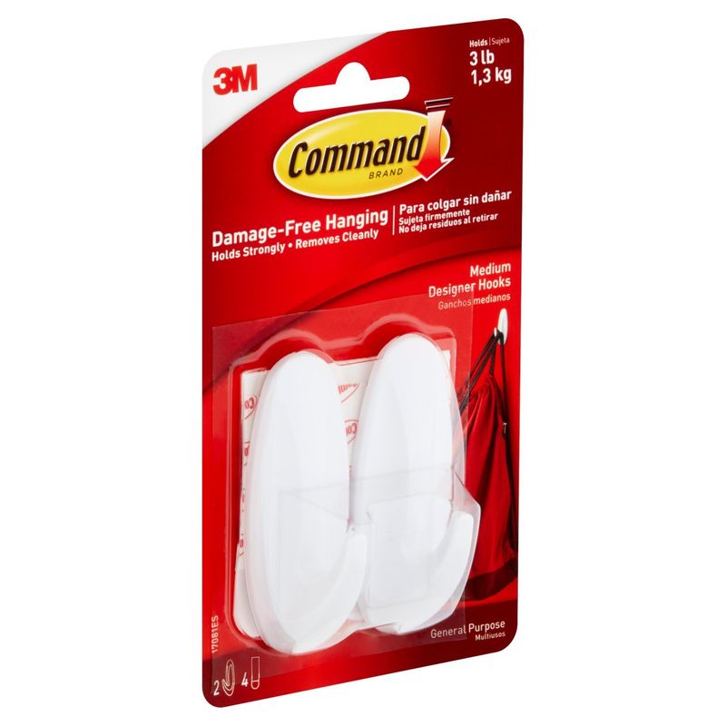 Command™ Medium Designer Hooks, White, 2 Hooks, 4 Strips/Pack