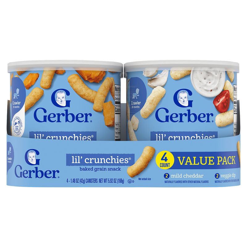 Gerber Lil' Crunchies Baked Grain Snack Baby Food Value Pack, Crawler 8+ months, 1.48 oz, 4 count