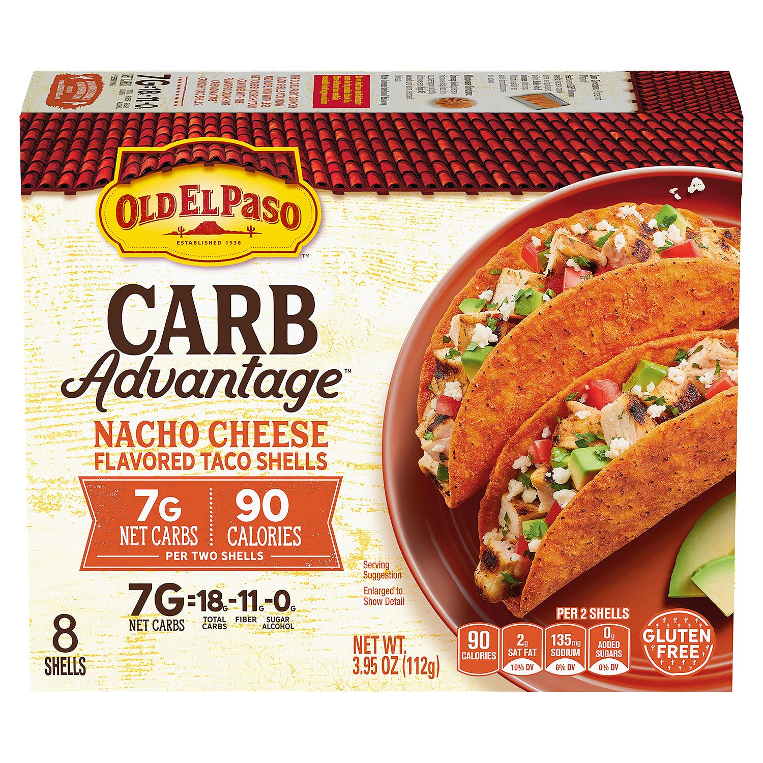 Old El Paso Carb Advantage Nacho Cheese Flavored Taco Shells, 8 count, 3.95 oz