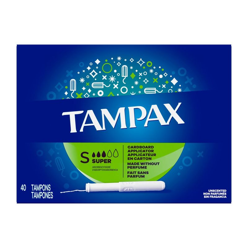 Tampax Cardboard Tampons Super Absorbency, Anti-Slip Grip, LeakGuard Skirt, Unscented, 40 Count