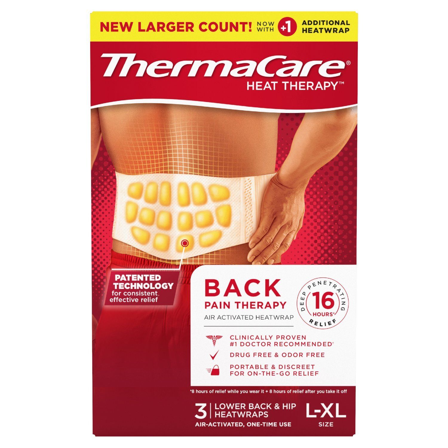 ThermaCare Heat Therapy Back Pain Therapy Lower Back &amp; Hip Heatwraps, Size L-XL, 3 count