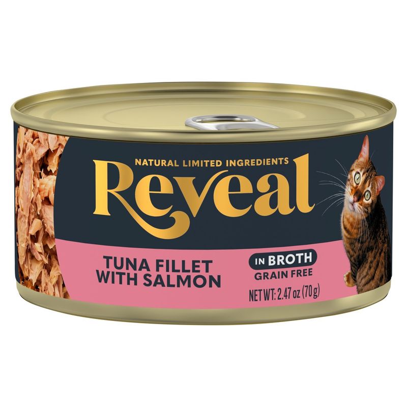 Reveal Grain Free Tuna Fillet with Salmon in Broth Cat Food Mixer, 2.47 oz