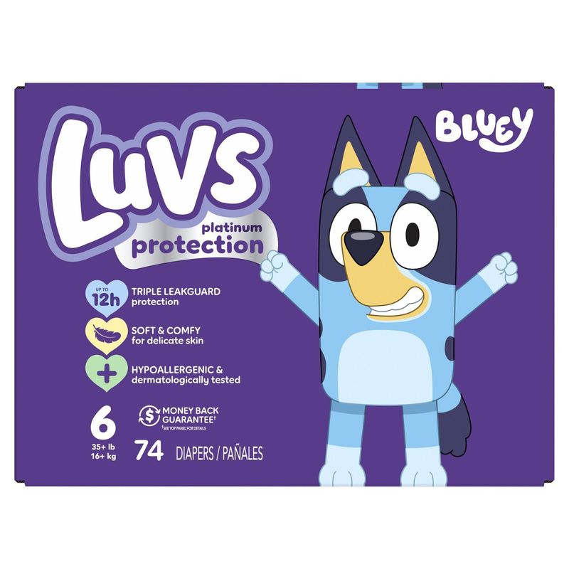 Luvs Bluey Platinum Protection Diapers, Size 6, 35+ lb, 74 count