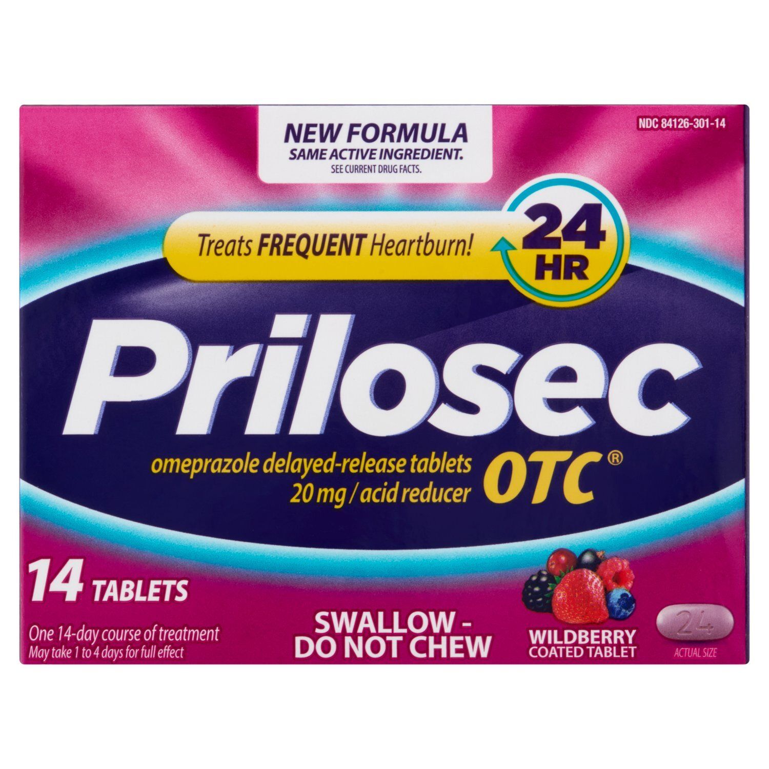 Prilosec OTC Omeprazole Delayed-Release Acid Reducer Wildberry Coated Tablet, 20 mg, 14 count