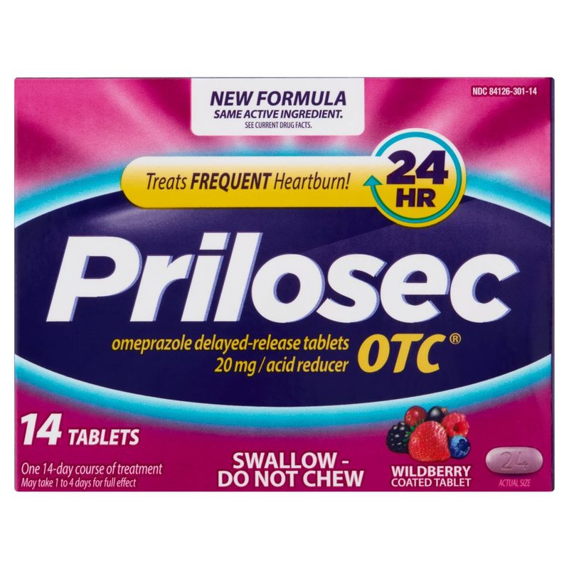 Prilosec OTC Omeprazole Delayed-Release Acid Reducer Wildberry Coated Tablet, 20 mg, 14 count