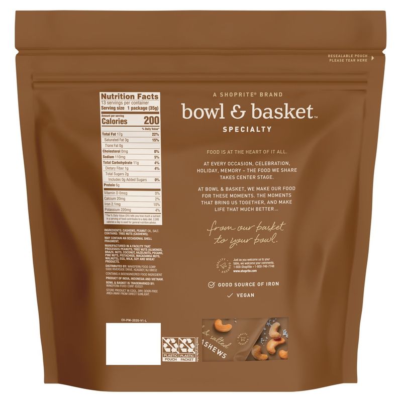 Bowl &amp; Basket Specialty Roasted &amp; Salted Whole Cashews, 1.25 oz, 13 count