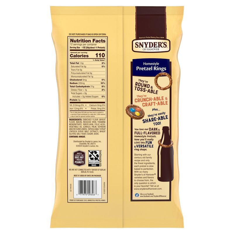 Snyder's of Hanover Low Fat Homestyle Pretzel Rings, 12 oz