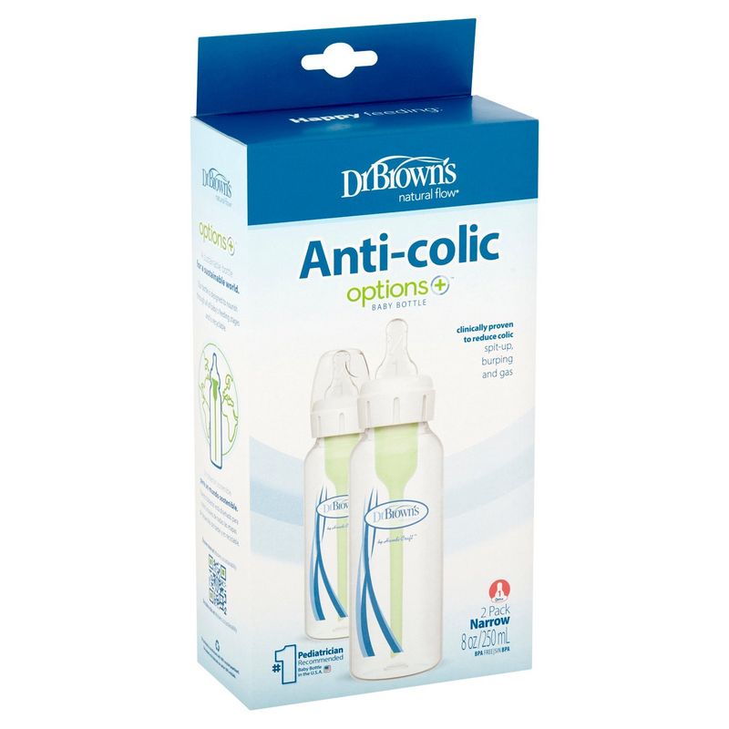 Dr Brown's Natural Flow Options+ 8 oz Narrow Anti-Colic Baby Bottle, Level 1, 1m+, 2 count