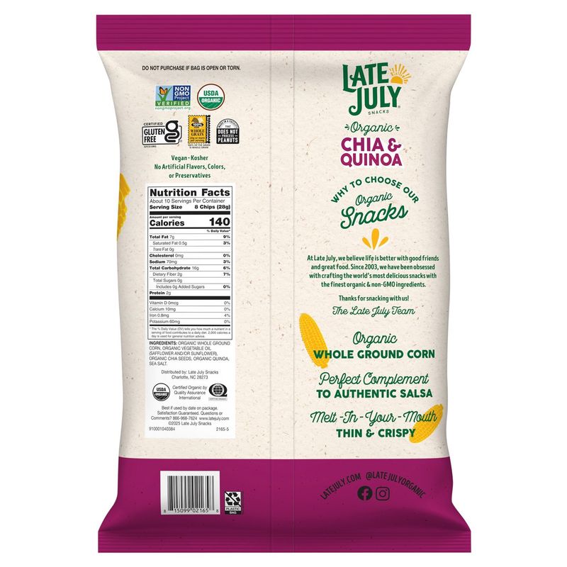 Late July Snacks Organic Chia &amp; Quinoa Tortilla Chips, 10.1 oz