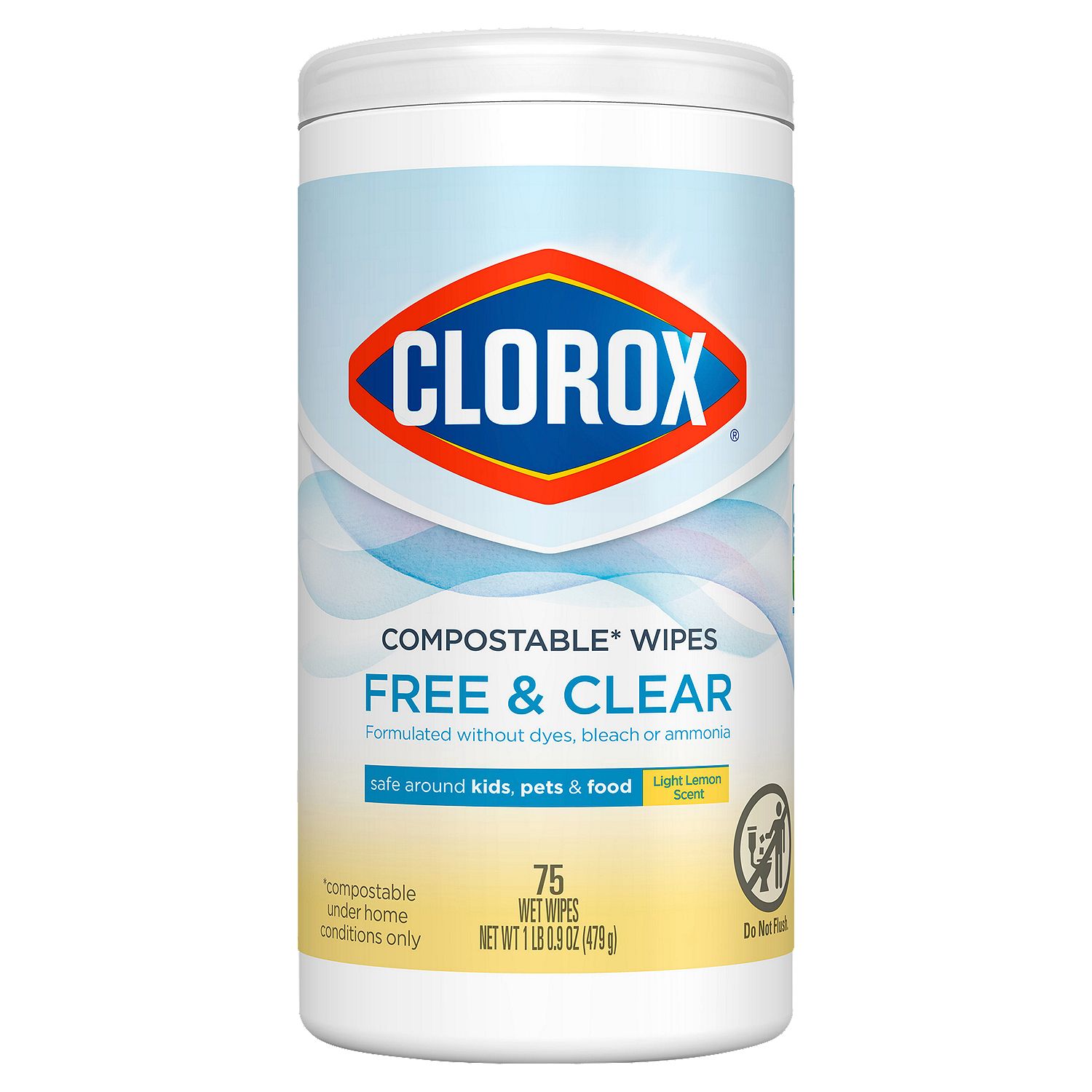 Clorox Light Lemon Scent Free &amp; Clear Compostable Wipes, 75 count, 1 lb 0.9 oz