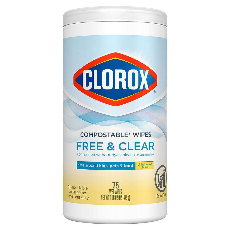 Clorox Light Lemon Scent Free &amp; Clear Compostable Wipes, 75 count, 1 lb 0.9 oz