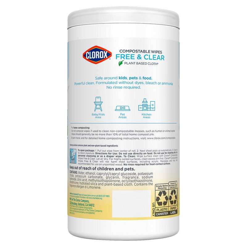 Clorox Light Lemon Scent Free &amp; Clear Compostable Wipes, 75 count, 1 lb 0.9 oz