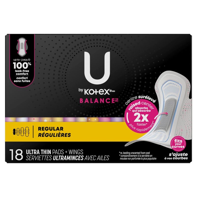 U by Kotex Balance Regular Ultra Thin Pads + Wings, 18 count